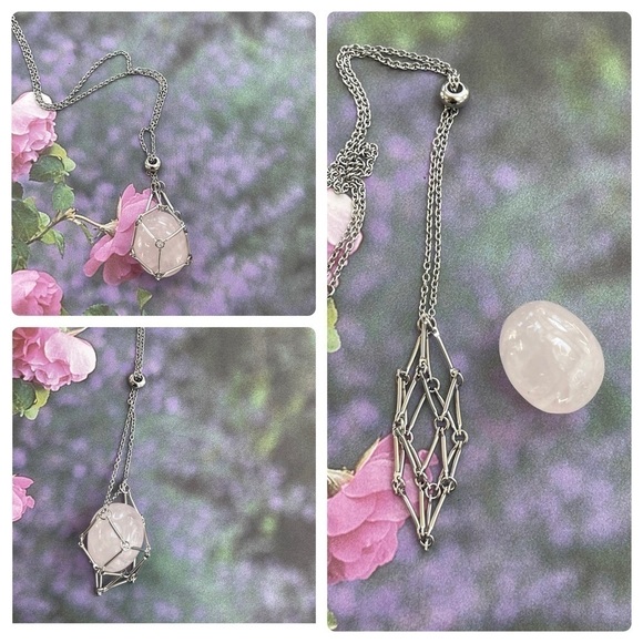 Rose Quartz Crystal Necklace in interchangeable cage/Pouch Handcrafted - Picture 3 of 8